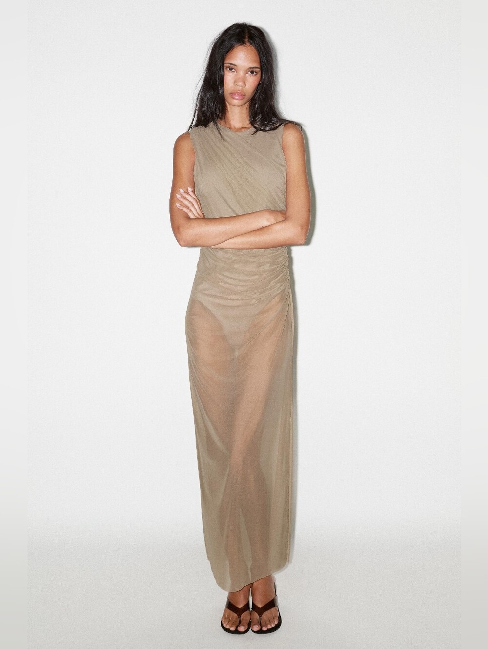 Zara Sleeveless Sheer Maxi Dress in Taupe